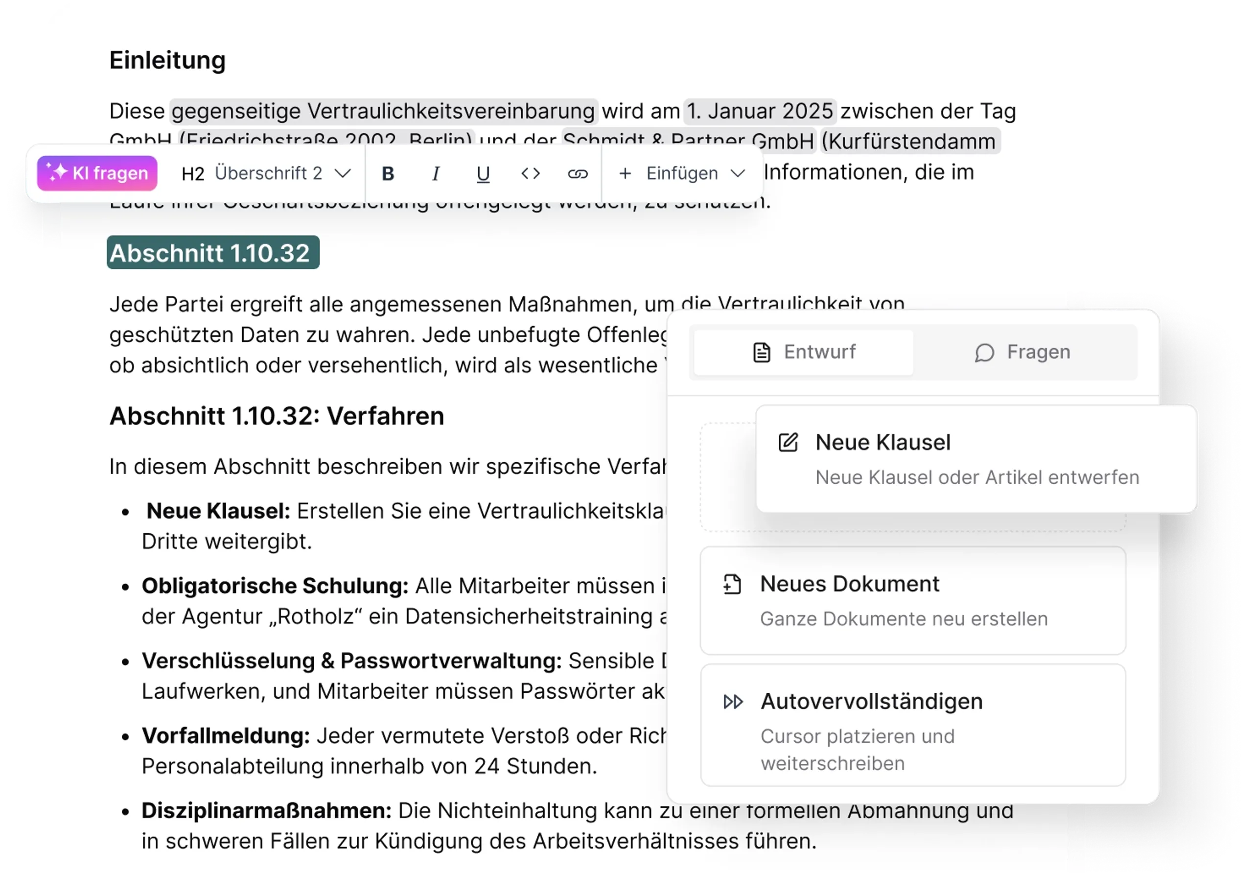 KI-gestützte Dokumentenerstellung Oberfläche