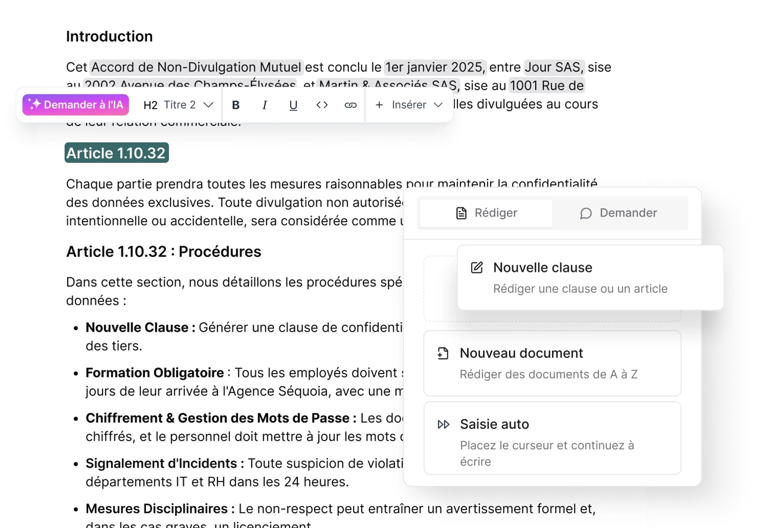 Interface de rédaction de documents assistée par IA