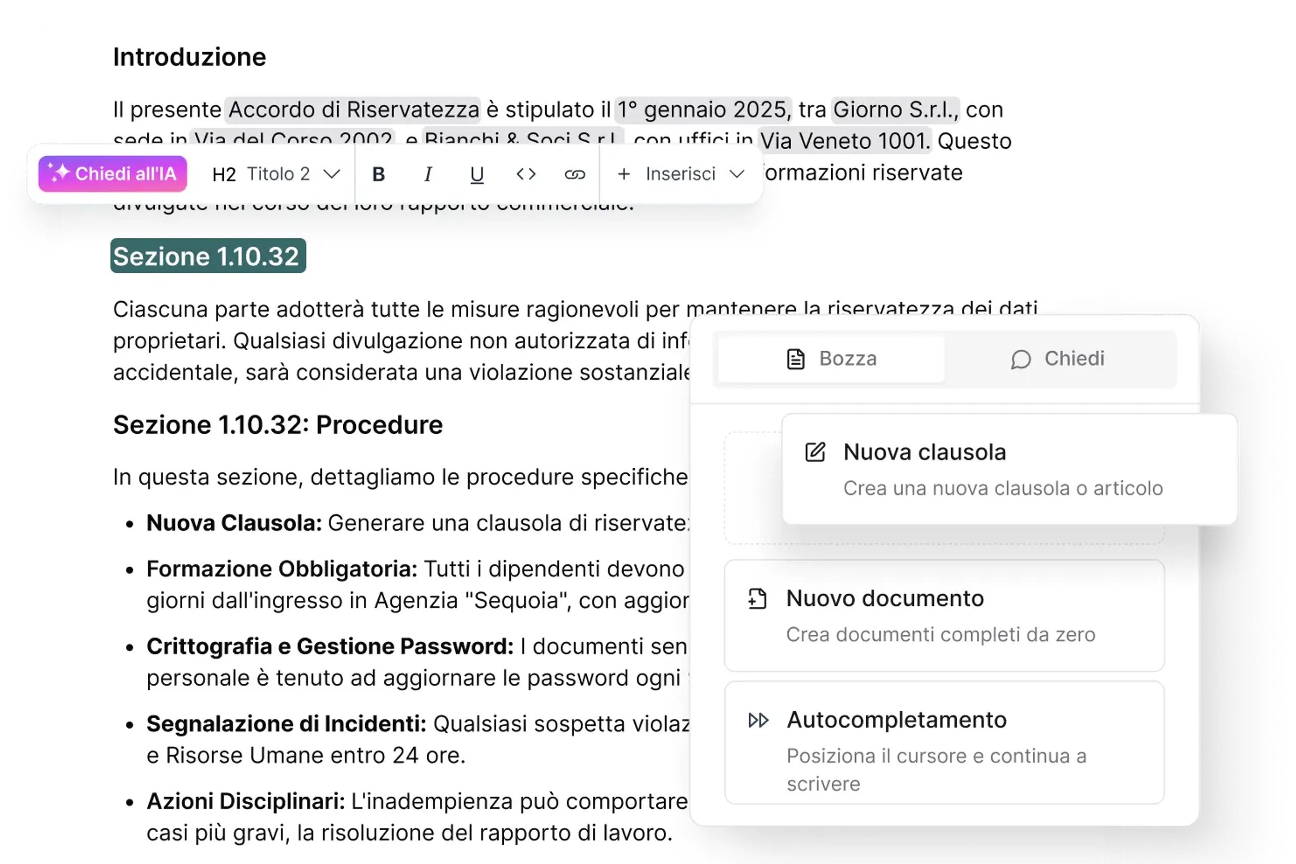 Interfaccia di redazione documenti potenziata dall'AI