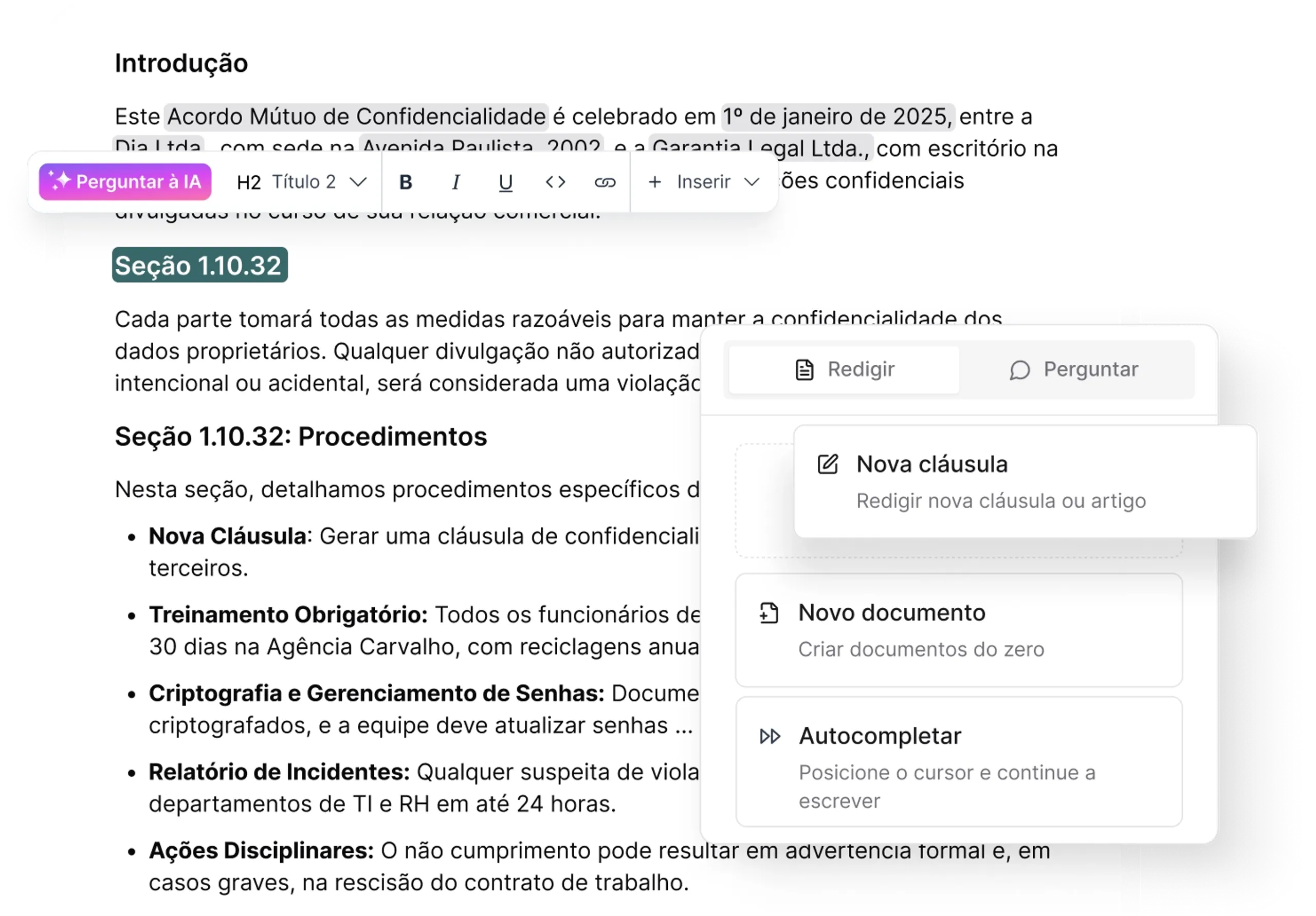Interface de redação de documentos com IA